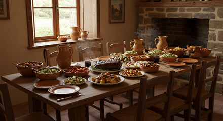 A rustic dining table laden with bowls of food and pitchers in a cozy stone room setting indoors