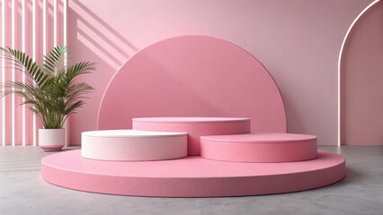 Minimalist pink product display podium with three tiers, featuring a potted plant and soft, natural light, creating a serene and elegant mood for beauty or lifestyle branding.