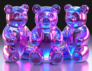 3D chrome effect gummy bears set - colorful metallic teddy bears with rainbow reflections on transparent background