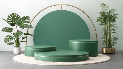 Serene Green Product Display: Elegant Cylindrical Platforms, Tropical Plants, Gold Accents, Minimalist Studio Backdrop, Soft Lighting, Modern Aesthetic, Calm Mood, Commercial Use.