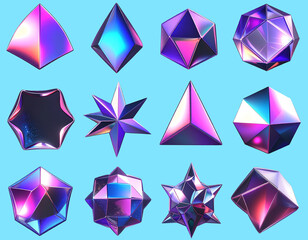 3D chrome geometric shapes set - holographic crystals and diamonds with iridescent effects