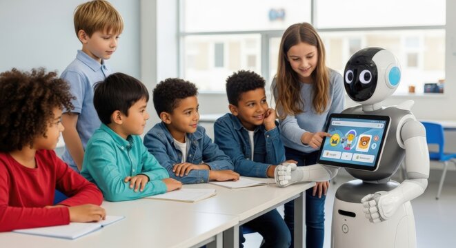 Robotics Education: A teacher guiding a group of elementary students, exploring the educational possibilities of a futuristic robot