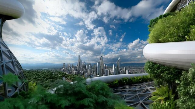 A futuristic city view with a beautiful sky filled with clouds and natural green landscaping. The scene combines modern architecture with natural elements.