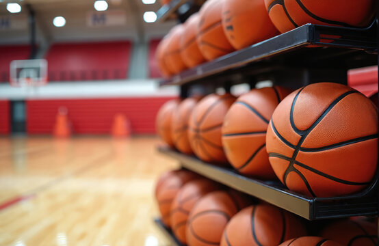 Basketballs on storage rack inside gym. Wood floors, red bleachers create great composition. Balls ready for sports practice, game, league, training. College, school, pro basketball competition.