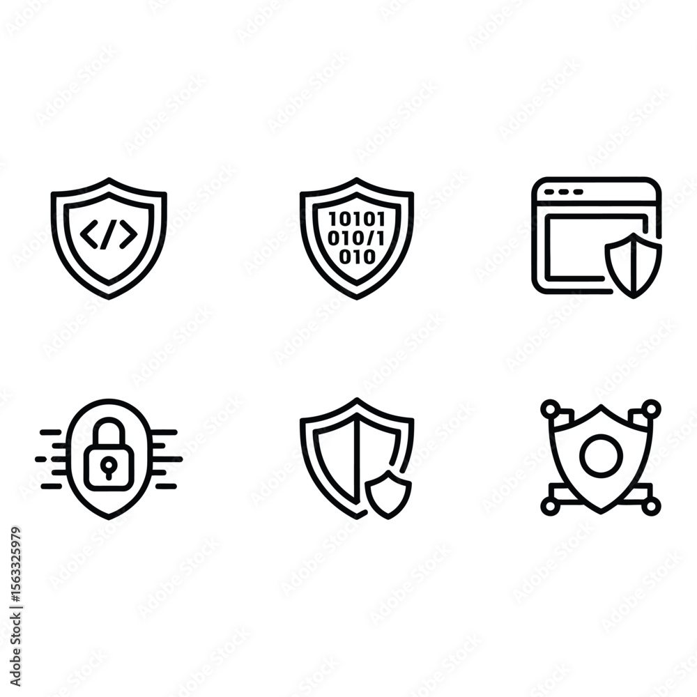 Poster cybersecurity shield icons modern line art graphics for website and app security