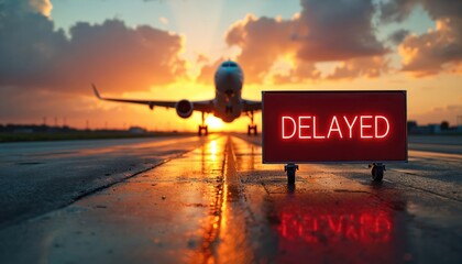 Delayed flight sign aero plane on runway during sunset. Airplane taxiing airport, flight delay. Red information board shows message to passengers. Transportation chaos, schedule disruption, travel