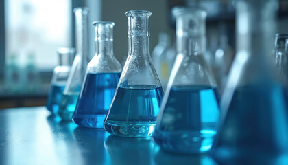 Row Erlenmeyer flasks filled bright blue liquid on reflective lab table. Scientific experiment in progress. Chemical research, pharmaceutical, medical, health care tech, innovation.