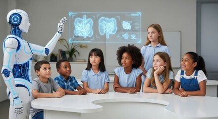 Digital Mentor: A futuristic educational scene unfolds as a diverse group of children engages with a humanoid robot, a symbol of technological innovation in the learning environment.