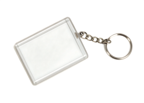  empty clear plastic rectangle keychain fob with me isolated on white background PNG, ai generated