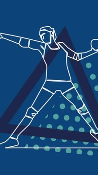Animation of drawing of female handball player throwing ball and triangles on blue background