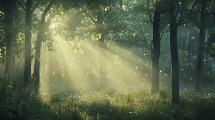Beautiful forest in spring with bright sunlight shining through the trees