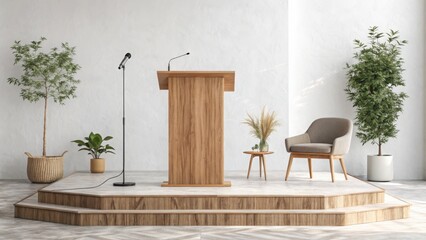 Modern minimalist wooden podium with microphone, plants, and a neutral armchair on a raised platform, ideal for presentations or speeches, showcasing a serene and sophisticated atmosphere.