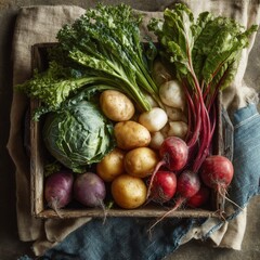 Assortment of Fresh Vegetables in Rustic Wooden Box