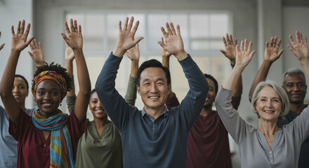 Fototapeta premium Diverse group of people smiling and raising hands in celebration indoors 