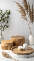 Minimalist product display featuring wooden platforms, marble tray, pampas grass, and greenery;  calm, neutral aesthetic;  perfect for beauty, skincare, or lifestyle branding.