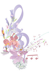 Musical design with a violin decorated with summer and spring flowers, notes, birds. Light and relax music. Hand drawn vector illustration.