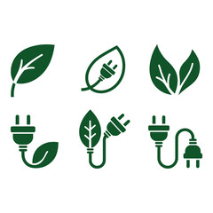 Green Energy Icons Eco Friendly Electrical Plug and Leaf Symbols Sustainable Power Concept Vector Illustration