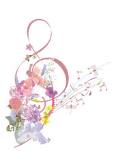 Musical design with a violin decorated with summer and spring flowers, notes, birds. Light and relax music. Hand drawn vector illustration.