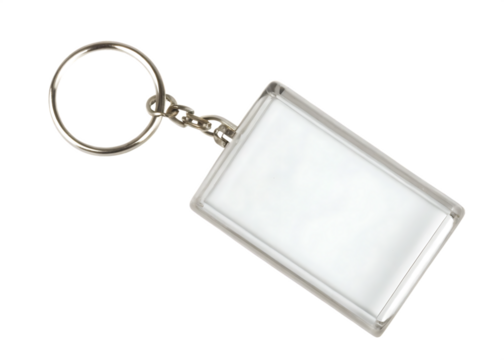  empty clear plastic rectangle keychain fob with me isolated on white background PNG, ai generated
