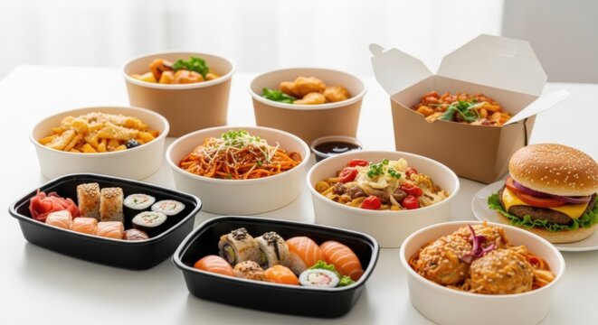 A Culinary Ensemble: A mouthwatering collection of diverse food dishes in eco-friendly takeout containers, presented in a vibrant and appealing display.