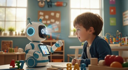 Intelligent Companion: A young child engages in a captivating interaction with a futuristic robot, symbolizing the evolving dynamics of education and technology in an engaging setting. 
