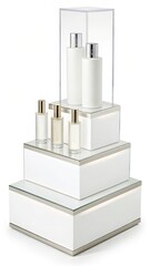 Modern White Perfume Display: Elegant Tiered Acrylic & Glass Showcase with Gold Accents, Luxurious Fragrance Bottles, Clean Minimalist Style, High-End Product Presentation.
