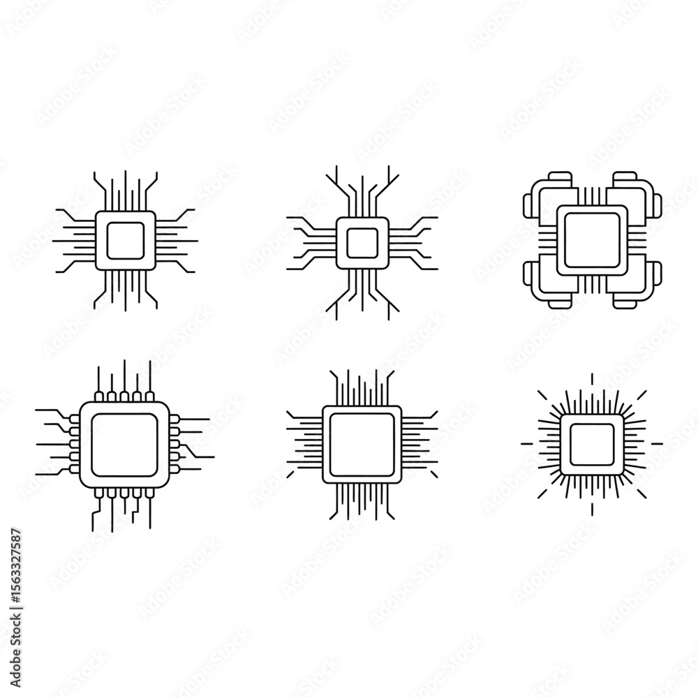 Fototapete Microprocessor Icons Six Linear Style Illustrations Technology Clean Design Modern Abstract Digital Engineering White Background