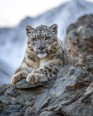 Obraz premium Snow Leopard Resting on a Rock: Frontal Portrait
