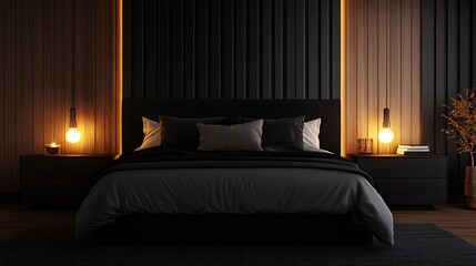Dark-toned bedroom with matte black and wood textures, warm glowing bedside lights, and minimalist furniture layout