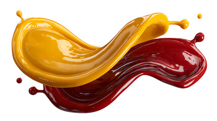 Dynamic swirl of yellow and red liquid paint splashing and flowing together isolated on transparent background