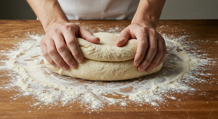 Hands kneading dough on a wooden surface covered in flour for baking preparation process at home