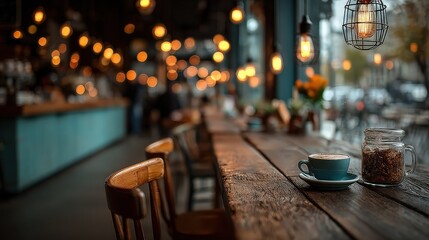 Cozy Cafe Interior with Coffee Cup and Warm Lighting
