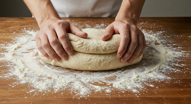 Hands kneading dough on a wooden surface covered in flour for baking preparation process at home