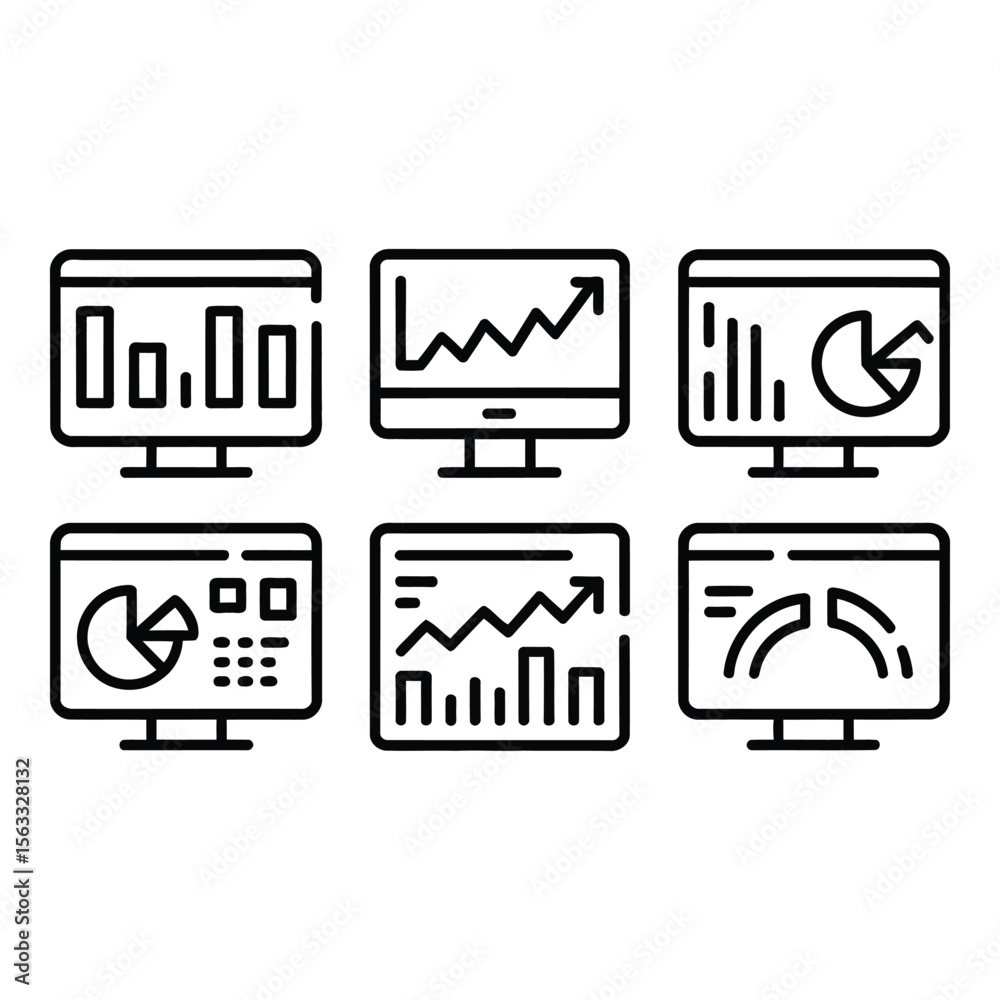 Poster modern business analytics dashboard six computer screens displaying charts graphs and data visualiza