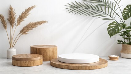 Minimalist Product Display:  Elegant Wooden Platforms, White Background, Pampas Grass, Tropical Leaves, and a Serene, Modern Aesthetic.