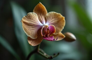 Close-up, macro view of orchid flower. Detailed view of orchid shows delicate petal texture, lines, various colors. Flower in full bloom shows beauty of nature, floristics, botanic. Interior
