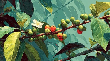 Stylized Coffee Plant Branch with Berries and Flowers
