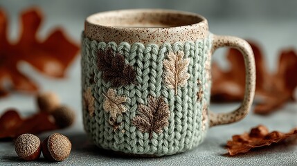 Autumnal Mug with Knitted Cozy and Fall Foliage Decoration