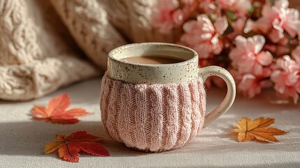 Cozy Fall Coffee Mug with Flowers and Autumn Leaves Still Life