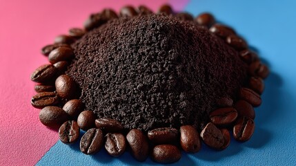 Coffee Grounds and Beans on Colorful Divided Background