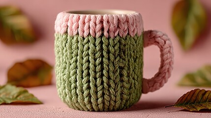 Cozy Knitted Coffee Mug on Pink Background with Autumn Leaves