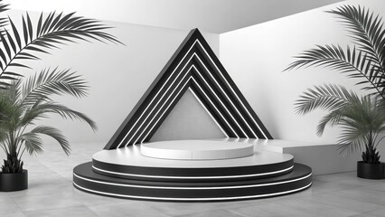 Modern Minimalist Product Display:  Black and White Circular Platform with Geometric Backdrop, Palm Plants, and Subtle Lighting, Ideal for Clean and Elegant Branding.
