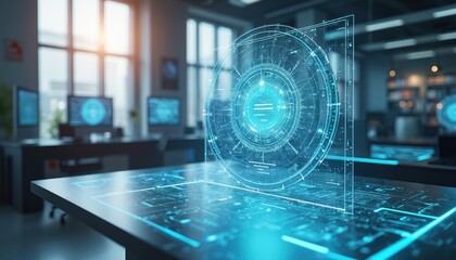 Modern engineering, design workspace bathed in bright lighting. Futuristic tech concept with digital interface, computer screen, blueprint. Workplace innovation, design, strategy, technology.