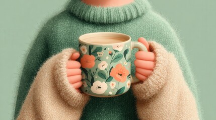 Floral Mug in Hand with Green Sweater Illustration