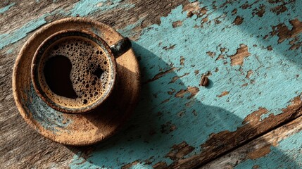 Cup of Coffee on Distressed Turquoise Table, Top View with Shadow