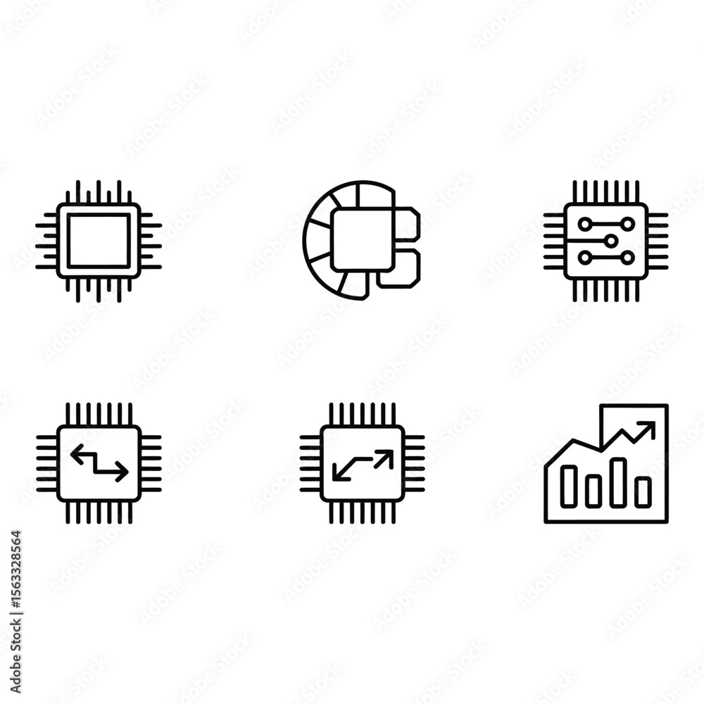 Poster modern microchip icons data processing technology and growth chart set