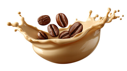 Rich coffee splash with beans and creamy liquid motion isolated on transparent background