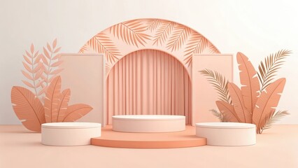 Minimalist Peach and Coral Product Display: Elegant Podiums, Tropical Leaf Accents, Archway Backdrop, Soft Lighting, Calm Mood, Modern Aesthetic, Clean Lines, Studio Shot, Blank Space, Commercial Use.