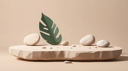 Serene Minimalist Product Display: Beige Stone Platform, Smooth Pebbles, Single Monstera Leaf, Neutral Background, Calm and Elegant Aesthetic, Perfect for Beauty or Wellness Branding.