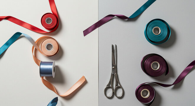 Colorful ribbons and scissors arranged on a flat surface   - Powered by Adobe
